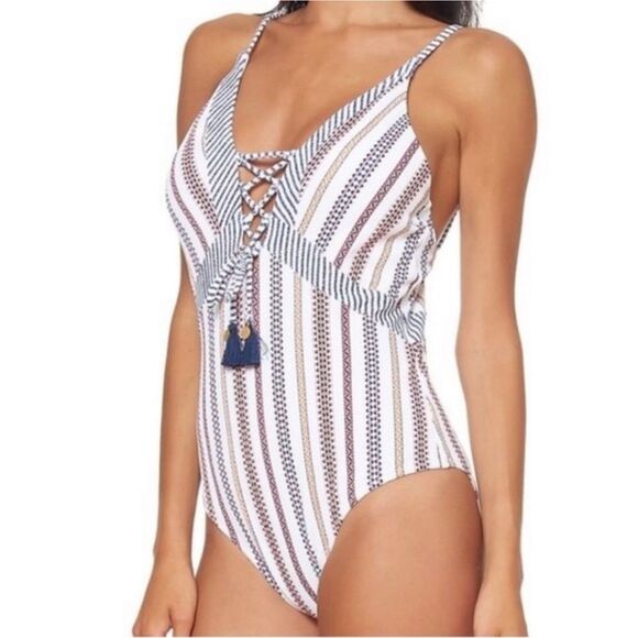 𝅺Jessica Simpson Women’s Swimsuit Moroccan‎ Stripe Lace Up Tassel Sz Sm Boho - Picture 1 of 10